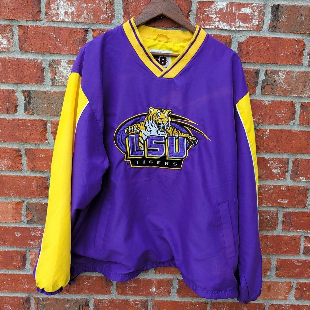 58 Sports LSU Tigers Windbreaker Mens XL Purple Gold V-Neck Pullover Jacket